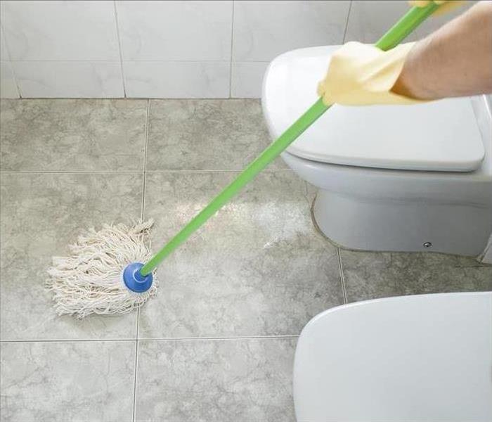 A person Cleaning with a Mop a Bathroom Floor