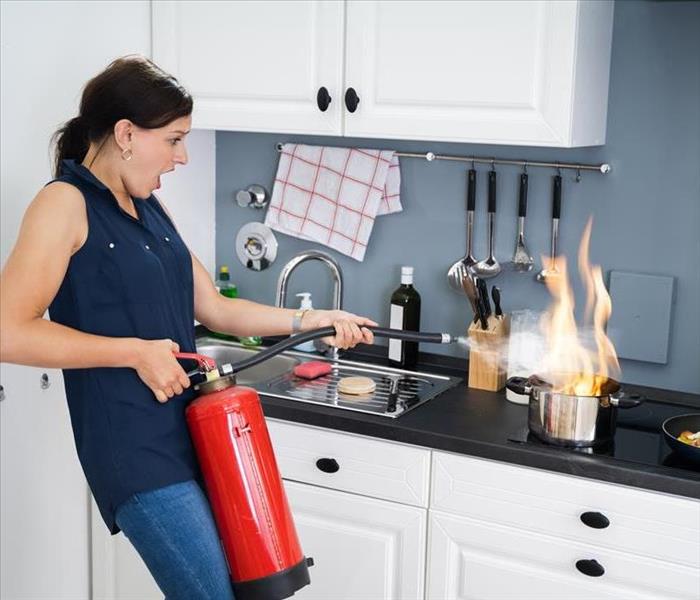 Woman using a Fire Extinguisher in her Kitchen.